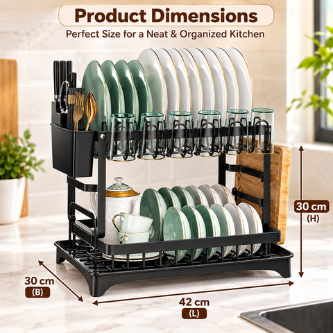 KRISHYAM® 2-Tier Dish Drying Rack for Kitchen Counter, Metal Utensil & Plate Organizer with Cup Holder, Cutlery & Knife Holder, Chopping Board Holder, Drain Tray with Spout, 42 x 30 x 30 cm, Black