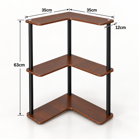 KRISHYAM® 3 Tier Corner Shelf, L-Shaped Space Saving Storage Rack with Walnut Wood Finish Shelves & Metal Frame, Freestanding Corner Organizer for Bathroom, Kitchen, Living Room, Bedroom & Study, 35 x 35 x 63 cm