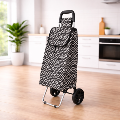 KriShyam® Foldable Shopping Trolley cart Shopping Trolley Bag and Removable Bag with Handle and 2 Wheels for Groceries,Fruits & Vegetables cart/Basket (2 Wheel White Print)
