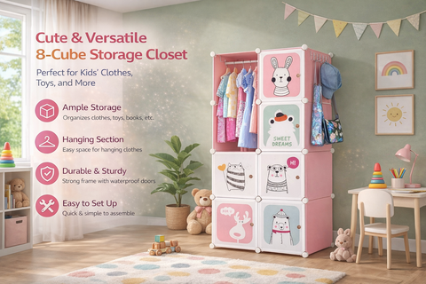 KRISHYAM® Kids Modular Wardrobe with Cartoon Animal Prints – 8/12 Cube Storage Organizer Cabinet with Doors | DIY Portable Space Saving Cupboard for Bedroom & Nursery (8/12 Box Bear Print)