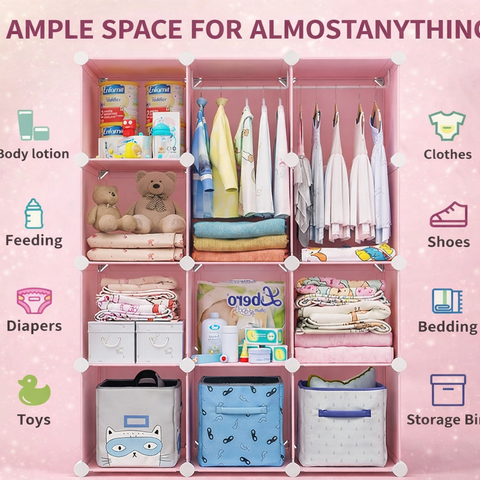 KRISHYAM® Kids Modular Wardrobe with Cartoon Animal Prints – 8/12 Cube Storage Organizer Cabinet with Doors | DIY Portable Space Saving Cupboard for Bedroom & Nursery (8/12 Box Bear Print)