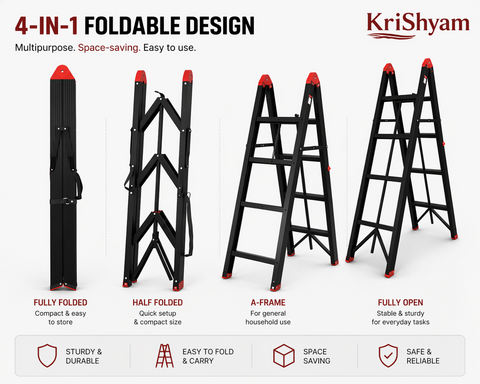 KRISHYAM® Premium Foldable Multipurpose Step Ladder for Home & Office | Heavy-Duty Aluminium Alloy Folding with Anti-Slip Steps & Safety Lock