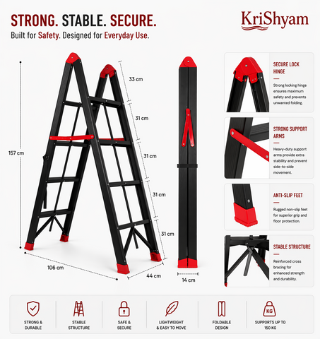KRISHYAM® Premium Foldable Multipurpose Step Ladder for Home & Office | Heavy-Duty Aluminium Alloy Folding with Anti-Slip Steps & Safety Lock