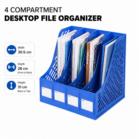 KRISHYAM ® 4 Slot Plastic Magazine File Holder Rack | Desktop Document Organizer | A4 File Storage Stand | Multi-Compartment Office Desk Organizer for Books, Folders & Papers (FILE ORGANISER (BLACK, Blue)