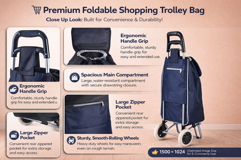 KriShyam® Folding Essential Shopping Trolley-Luggage-Bag-with-2 wheels (Navy Blue & Black )