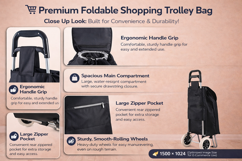 KriShyam® Folding Essential Shopping Trolley-Luggage-Bag-with-2 wheels (Navy Blue & Black )