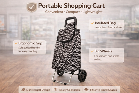 KriShyam® Foldable Shopping Trolley cart Shopping Trolley Bag and Removable Bag with Handle and 2 Wheels for Groceries,Fruits & Vegetables cart/Basket (2 Wheel White Print)