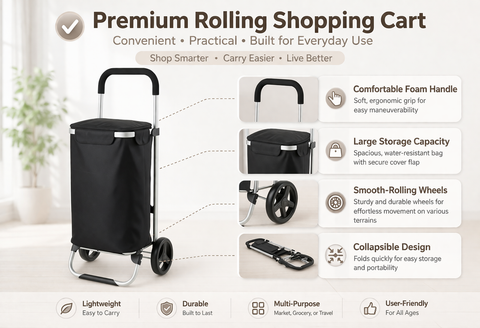 KriShyam®  Folding Shopping Trolley Grocery Cart with Removable Waterproof Canvas Bag and Super Wheels Loading Portable Utility Cart (Black)