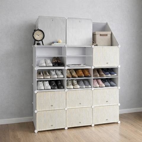 KRISHYAM® 12 Cube Modular Shoe Rack Cabinet with Doors & Side Hooks, Large Stackable Plastic Shoe Storage Organizer for Entryway, Bedroom & Closet, Space Saving (12 Door 24 Step (Black & White and simple White))