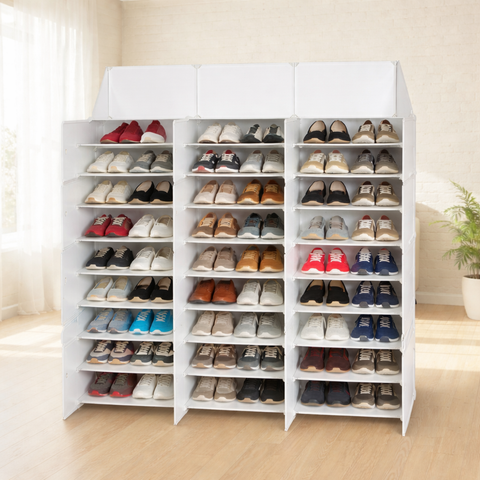 KRISHYAM® 12 Cube Modular Shoe Rack Cabinet with Doors & Side Hooks, Large Stackable Plastic Shoe Storage Organizer for Entryway, Bedroom & Closet, Space Saving (12 Door 24 Step (Black & White and simple White))