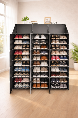 KRISHYAM® 12 Cube Modular Shoe Rack Cabinet with Doors & Side Hooks, Large Stackable Plastic Shoe Storage Organizer for Entryway, Bedroom & Closet, Space Saving (12 Door 24 Step (Black & White and simple White))