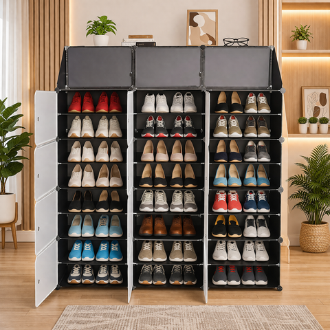 KRISHYAM® 12 Cube Modular Shoe Rack Cabinet with Doors & Side Hooks, Large Stackable Plastic Shoe Storage Organizer for Entryway, Bedroom & Closet, Space Saving (12 Door 24 Step (Black & White and simple White))