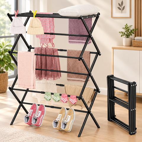 KRISHYAM® 3 Tier Foldable Clothes Drying Stand for Home, Multi-Level Metal Laundry Drying Rack with Multiple Hanging Rods, Space-Saving Clothes Rack for Balcony & Indoor Use, 78 x 38 x 103 cm, White & Black