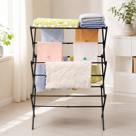 KRISHYAM® 3 Tier Foldable Clothes Drying Stand for Home, Multi-Level Metal Laundry Drying Rack with Multiple Hanging Rods, Space-Saving Clothes Rack for Balcony & Indoor Use, 78 x 38 x 103 cm, White & Black