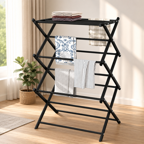 KRISHYAM® 3 Tier Foldable Clothes Drying Stand for Home, Multi-Level Metal Laundry Drying Rack with Multiple Hanging Rods, Space-Saving Clothes Rack for Balcony & Indoor Use, 78 x 38 x 103 cm, White & Black