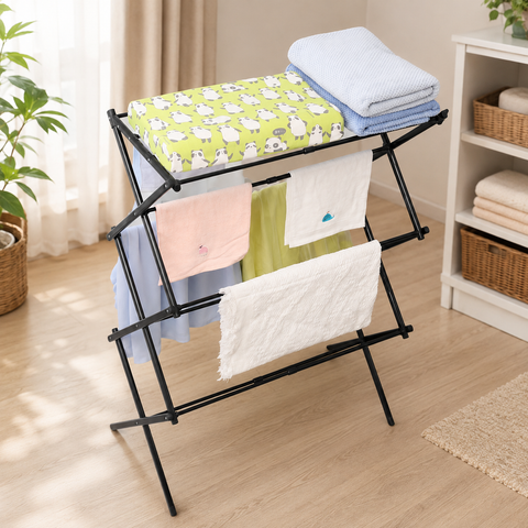 KRISHYAM® 3 Tier Foldable Clothes Drying Stand for Home, Multi-Level Metal Laundry Drying Rack with Multiple Hanging Rods, Space-Saving Clothes Rack for Balcony & Indoor Use, 78 x 38 x 103 cm, White & Black