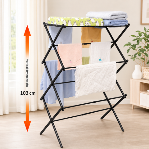 KRISHYAM® 3 Tier Foldable Clothes Drying Stand for Home, Multi-Level Metal Laundry Drying Rack with Multiple Hanging Rods, Space-Saving Clothes Rack for Balcony & Indoor Use, 78 x 38 x 103 cm, White & Black