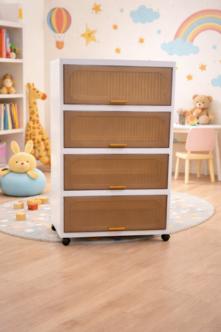 KRISHYAM® Modular Plastic Storage Cabinet with Translucent Doors & Wheels | Multi-Tier Clothes & Utility Organizer | Dustproof Freestanding Wardrobe (4 Layer - 4 Door (White))