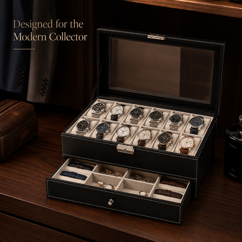 KriShyam® Men and Women Watch Box/Watch Case/Organizer/Storage box(Double Layer (12 slot watch + jewelry organizer)