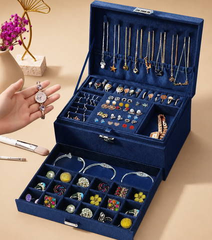 KRISHYAM® 3-Layer Velvet Jewelry Storage Box with Lock – Multi-Compartment Organizer Case for Rings, Earrings, Bracelets, Necklaces & Watches (Blue)