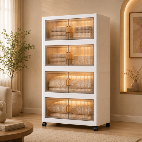 KRISHYAM® Modular Plastic Storage Cabinet with Translucent Doors & Wheels | Multi-Tier Clothes & Utility Organizer | Dustproof Freestanding Wardrobe (4 Layer - 4 Transparent Door (White)