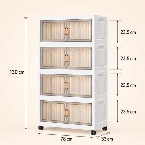 KRISHYAM® Modular Plastic Storage Cabinet with Translucent Doors & Wheels | Multi-Tier Clothes & Utility Organizer | Dustproof Freestanding Wardrobe (4 Layer - 4 Transparent Door (White)