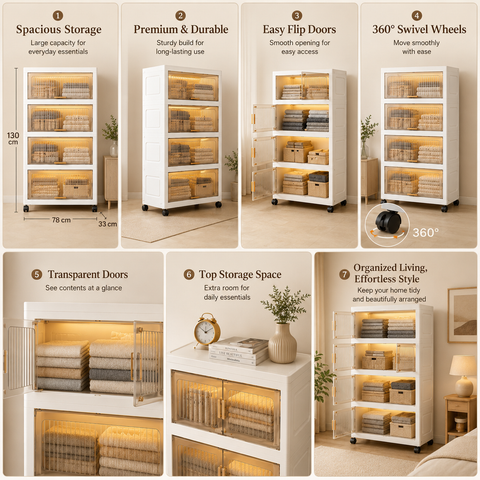KRISHYAM® Modular Plastic Storage Cabinet with Translucent Doors & Wheels | Multi-Tier Clothes & Utility Organizer | Dustproof Freestanding Wardrobe (4 Layer - 4 Transparent Door (White)
