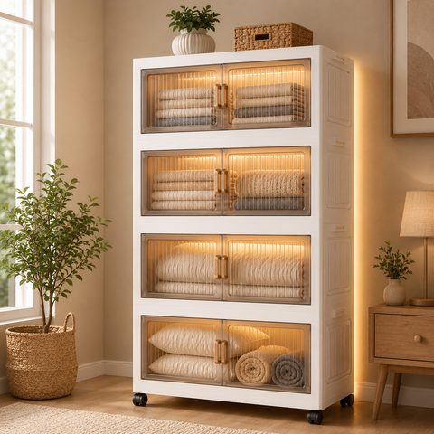 KRISHYAM® Modular Plastic Storage Cabinet with Translucent Doors & Wheels | Multi-Tier Clothes & Utility Organizer | Dustproof Freestanding Wardrobe (4 Layer - 4 Transparent Door (White)