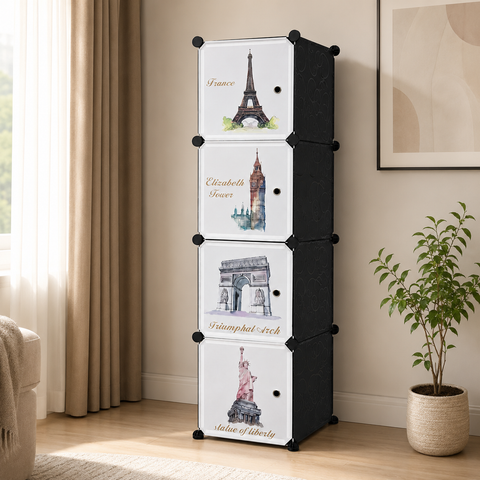 KriShyam® Portable Closet Wardrobe Cube Wardrobe for Hanging Clothes, Modular Cabinet for Space Saving, Ideal Storage Organizer Cube for Books, Toys, Towels (4 Box Pink, Green, Blue, Tower)