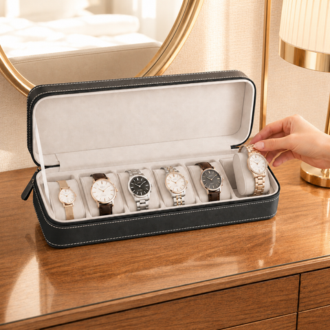 KriShyam®  6-slot Watch Box Portable Travel Zipper Case Storage Jewelry Storage Box Display Box with Watch Cloth,PU Leather Watch Storage Box for Business Trips and Gifts (Black)