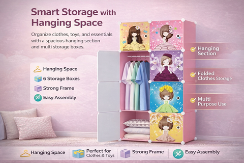KriShyam® Portable Closet Wardrobe Cube Wardrobe for Hanging Clothes, Modular Cabinet for Space Saving, Ideal Storage Organizer Cube for Books, Toys, Towels (4/8/12 Box Barbie)
