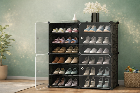 KRISHYAM® 12 Step Modular Shoe Rack Cabinet with Doors & Side Hooks, Stackable Plastic Shoe Organizer Storage Cabinet for Entryway, Bedroom & Closet, Dustproof (4 Door 12 Step (Black))