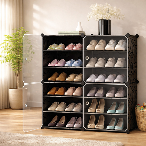 KRISHYAM® 12 Step Modular Shoe Rack Cabinet with Doors & Side Hooks, Stackable Plastic Shoe Organizer Storage Cabinet for Entryway, Bedroom & Closet, Dustproof (4 Door 12 Step (Black))