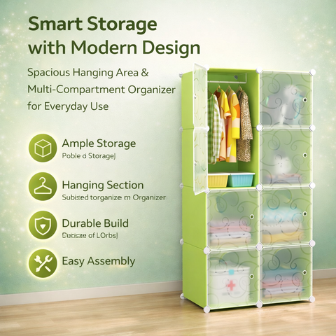 KriShyam ® 8 Door Plastic Sheet Wardrobe Storage Rack Closest Organizer for Clothes Kids Living Room Bedroom Small Accessories/bookcase/toys