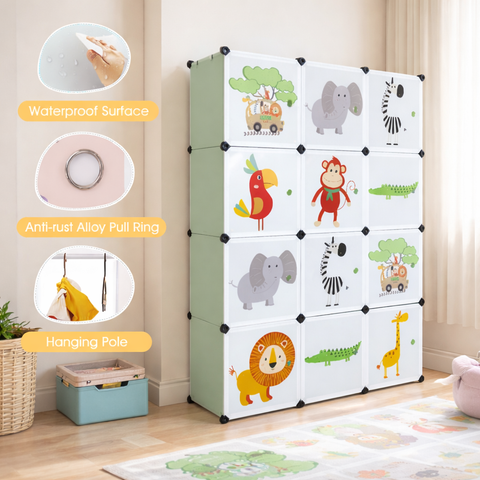 KRISHYAM® Kids Jungle Animal Print Collapsible Wardrobe with 2 Hanging Rod &1 External Hanger Hook | 8/12-Cube Modular Plastic Storage Cabinet | DIY Foldable Clothes Organizer (8/12 Box Lion Print)