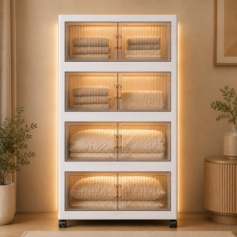KRISHYAM® Modular Plastic Storage Cabinet with Translucent Doors & Wheels | Multi-Tier Clothes & Utility Organizer | Dustproof Freestanding Wardrobe (4 Layer - 4 Transparent Door (White)