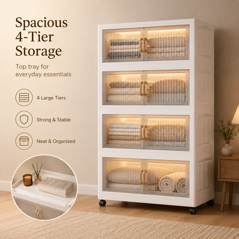 KRISHYAM® Modular Plastic Storage Cabinet with Translucent Doors & Wheels | Multi-Tier Clothes & Utility Organizer | Dustproof Freestanding Wardrobe (4 Layer - 4 Transparent Door (White)