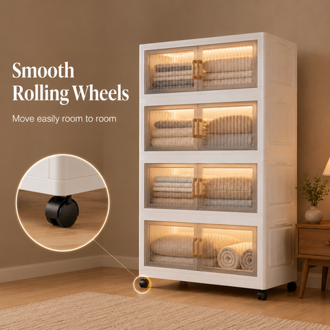 KRISHYAM® Modular Plastic Storage Cabinet with Translucent Doors & Wheels | Multi-Tier Clothes & Utility Organizer | Dustproof Freestanding Wardrobe (4 Layer - 4 Transparent Door (White)