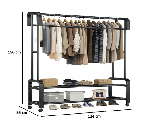 Krishyam® Premium Heavy-Duty Metal Garment Rack with Shelves & Wheels Portable Clothing Organizer with Hanging Rod & Storage for Clothes, Shoes & Accessories