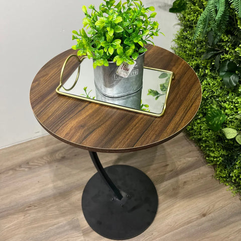 KRISHYAM® Modern C-Shaped Side Table with Wooden Round Top & Metal Base | Sofa End Table for Living Room, Bedroom & Office | Walnut Finish Top with Black Metal Stand
