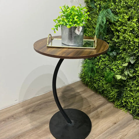 KRISHYAM® Modern C-Shaped Side Table with Wooden Round Top & Metal Base | Sofa End Table for Living Room, Bedroom & Office | Walnut Finish Top with Black Metal Stand
