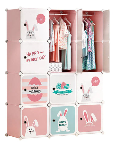 KRISHYAM® Kids Cartoon Collapsible Wardrobe with 2 Hanging Rod & 1 External Hanger Hook | 8/12-Cube Modular Storage Cabinet | Foldable Plastic Cupboard for Clothes, Toys & Books (8/12 Box Rabbit Print)
