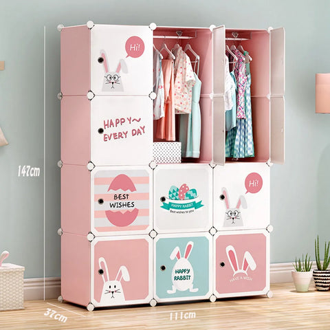 KRISHYAM® Kids Cartoon Collapsible Wardrobe with 2 Hanging Rod & 1 External Hanger Hook | 8/12-Cube Modular Storage Cabinet | Foldable Plastic Cupboard for Clothes, Toys & Books (8/12 Box Rabbit Print)