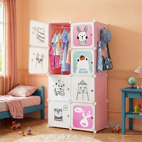 KRISHYAM® Kids Modular Wardrobe with Cartoon Animal Prints – 8/12 Cube Storage Organizer Cabinet with Doors | DIY Portable Space Saving Cupboard for Bedroom & Nursery (8/12 Box Bear Print)