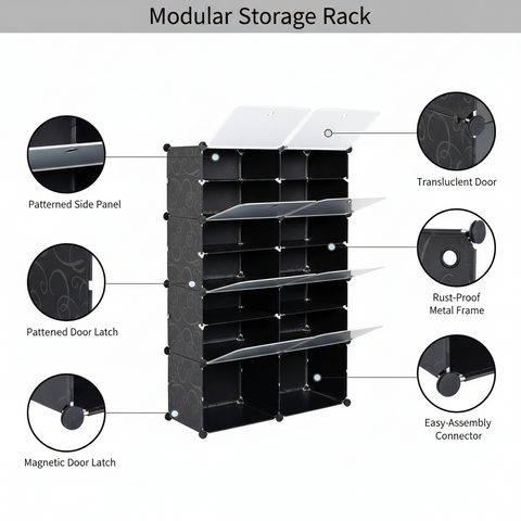 KRISHYAM® 16 Step Modular Shoe Rack Cabinet with Flip Doors & Side Hooks, Stackable Plastic Shoe Storage Organizer for Entryway, Bedroom & Closet, Space Saving Multi Layer (8 Door 16 Step (Black))