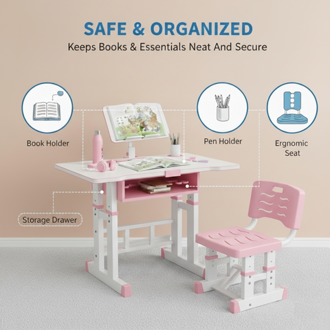 KriShyam ® Height Adjustable Kids Study Table & Chair Set with Book Stand & Drawer Plastic Desk Chair (Finish Color - Pink & White (K01), DIY(Do-It-Yourself))