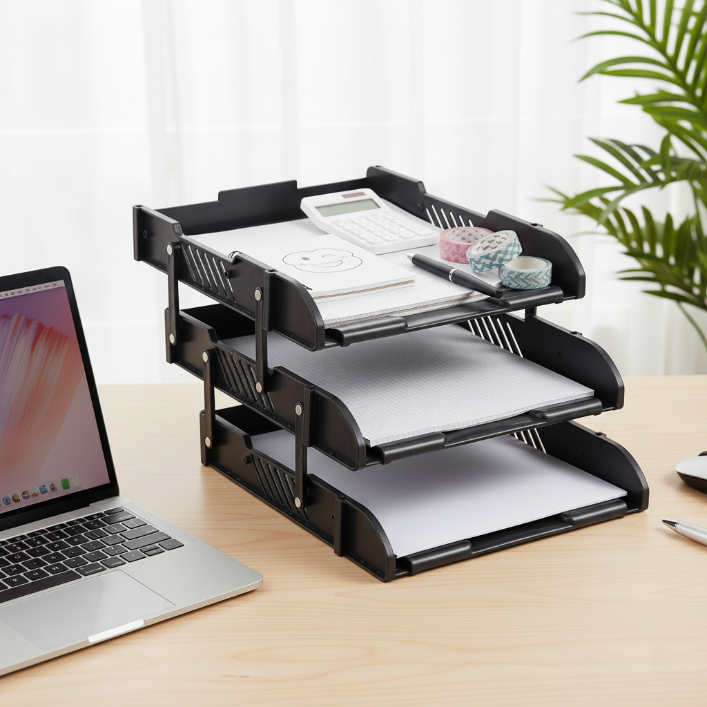 KRISHYAM ® 3 Tier Plastic Document Tray for Office | Desk File Organizer Rack | A4 Paper Holder | Multi-Layer Stackable File Storage Stand for Home & Office (DESK ORGANISER (BLACK,Blue)