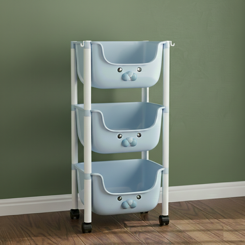 KRISHYAM® 3-Tier Multipurpose Storage Organizer with Wheels | Plastic Rolling Storage Rack for Kitchen, Bathroom, Kids Room & Utility | Space-Saving Storage Cart (3-Tier Kids Trolley (Blue)