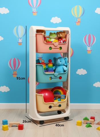 KRISHYAM® Multi-Layer Toy Storage Organizer Rack with Wheels | Kids Toy Shelf with Removable Bins for Toys, Books & Stationery (3-Tier Kids Basket (Matte Finish))