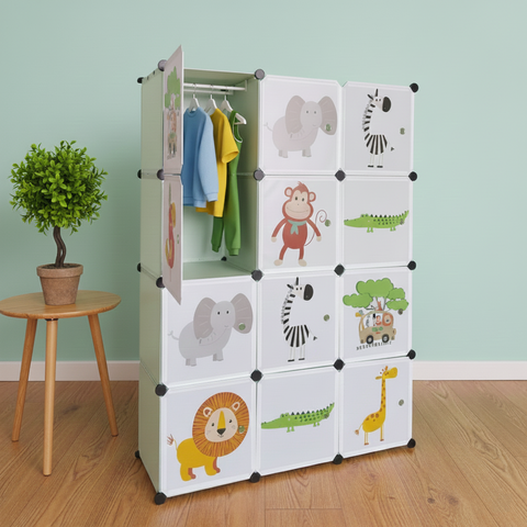 KRISHYAM® Kids Jungle Animal Print Collapsible Wardrobe with 2 Hanging Rod &1 External Hanger Hook | 8/12-Cube Modular Plastic Storage Cabinet | DIY Foldable Clothes Organizer (8/12 Box Lion Print)